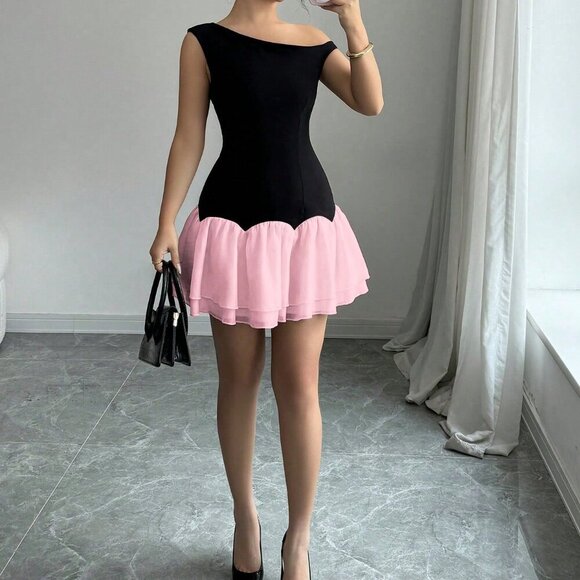 Dresses & Skirts - Pink Casual Women's Contrast Color Patchwork Chiffon Asymmetrical Mini Dress